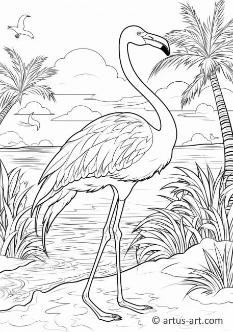 Flamingo with Palm Trees Coloring Page
